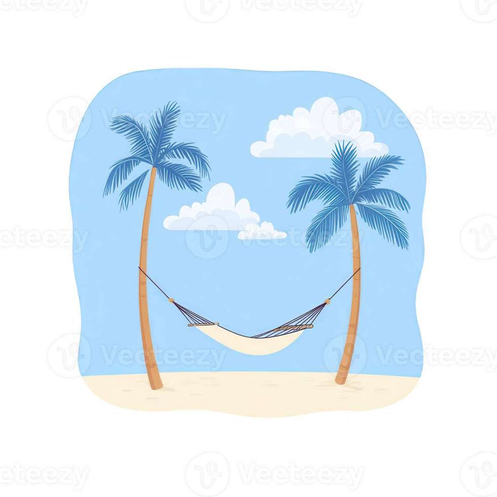 A serene beach scene featuring two palm trees and a hammock swinging gently between them, set against a bright blue sky with fluffy white clouds. png