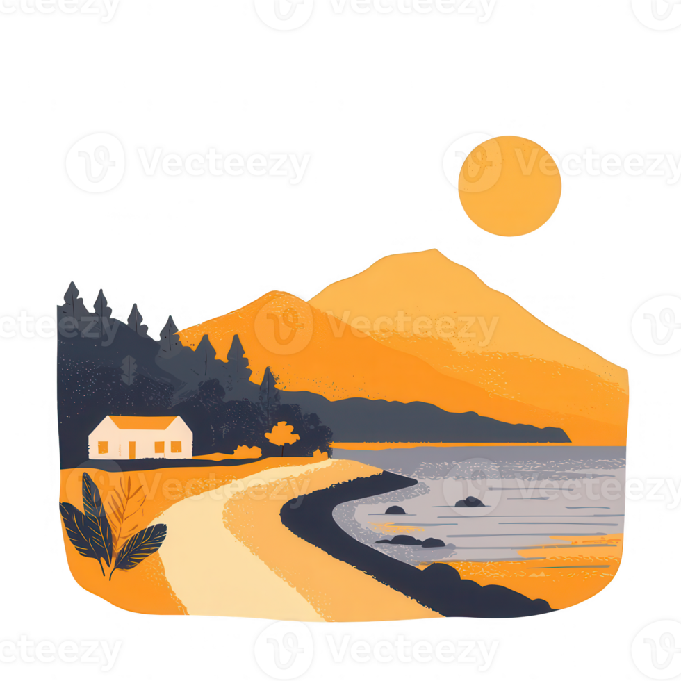 A serene landscape featuring a winding pathway leading to a beach. A small house amidst trees, with mountains in the backdrop and a vibrant sun setting. png