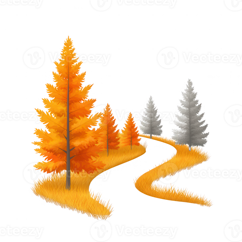 A serene landscape featuring vibrant orange and gray trees along a winding path. Ideal for autumn-themed designs, nature projects, and environmental graphics. png