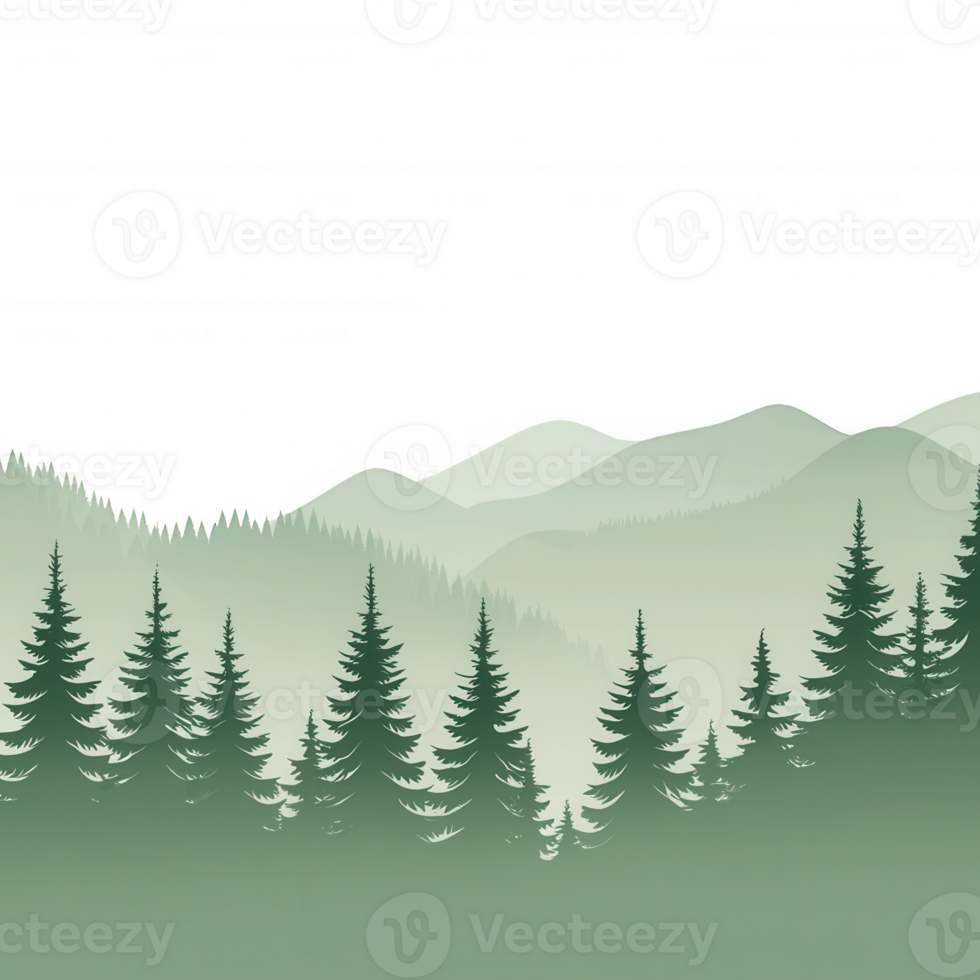 A serene landscape featuring pine trees against soft hills and misty mountains, ideal for capturing the essence of nature's tranquility and beauty. png