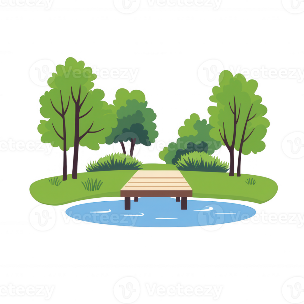 A serene natural scene featuring a wooden dock extending over a tranquil pond surrounded by lush green trees and grasses. png