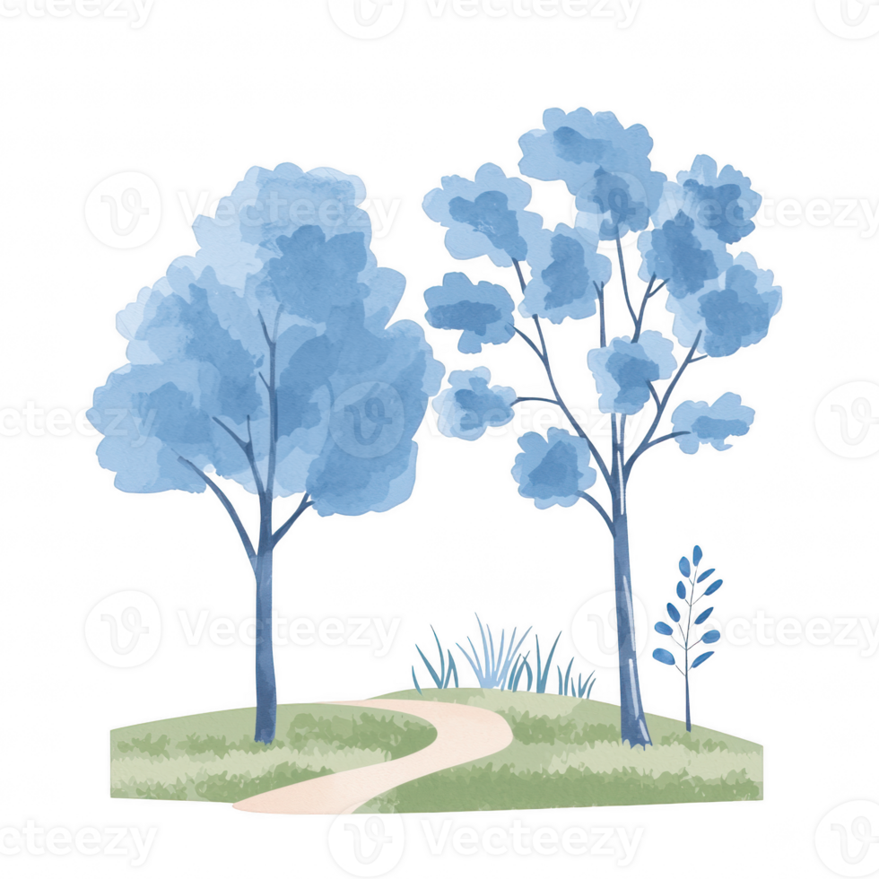 A serene illustration of two blue trees beside a winding path, set in a lush green environment. Ideal for nature-themed projects and calming landscapes. png