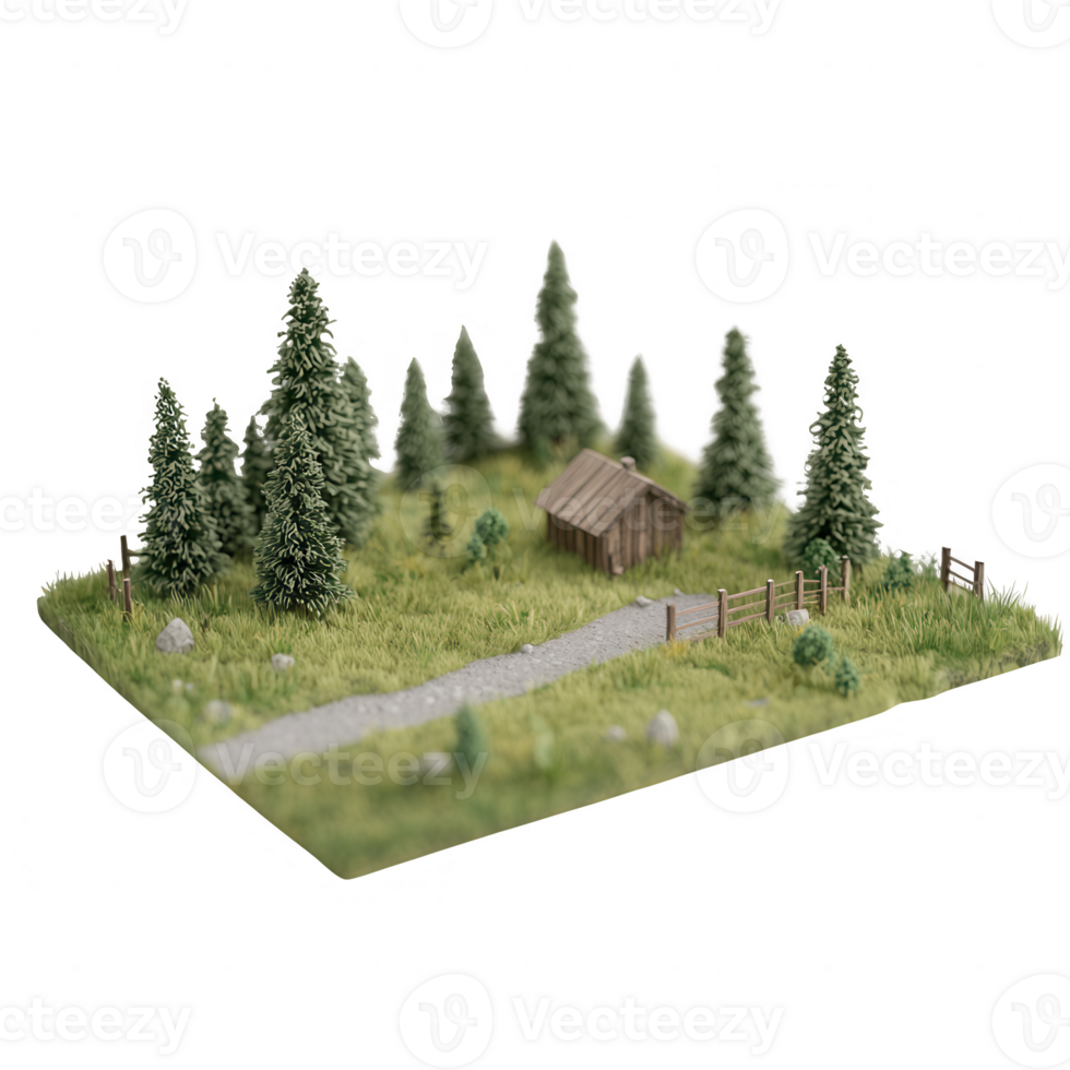 A serene miniature landscape featuring a rustic cabin, surrounded by lush trees and greenery, with a winding path leading through a peaceful natural setting. png
