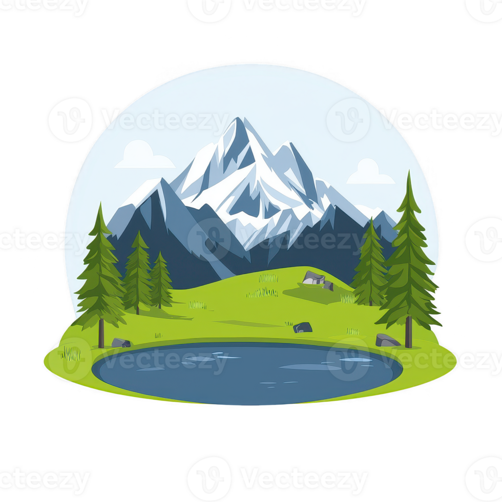 A serene mountain landscape with towering peaks, lush green trees, and a tranquil lake reflecting the sky, creating a picturesque view of nature's beauty. png