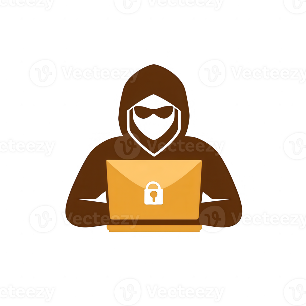 A silhouette of a hacker in a hoodie, working on a laptop with a lock icon on the screen, depicting cybersecurity challenges in the digital age. png