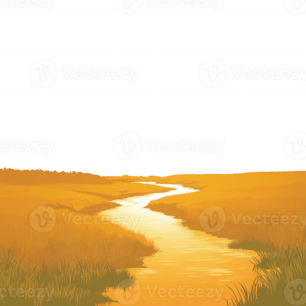 A serene view of a winding river through golden fields, creating a peaceful and picturesque landscape. png