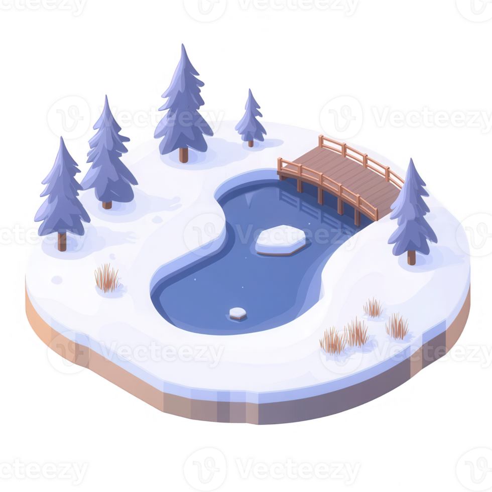 A serene winter landscape featuring a frozen pond surrounded by snowy trees and a wooden bridge, creating a tranquil scene of nature's beauty in winter. png