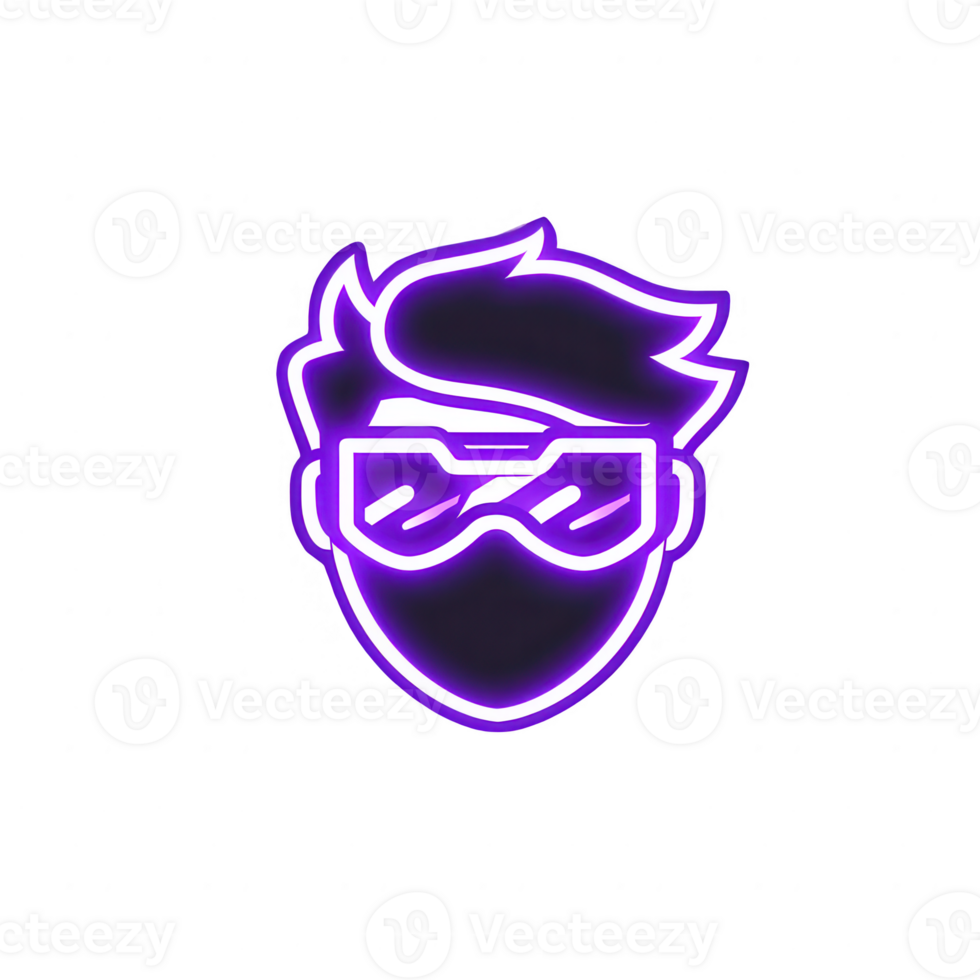 A sleek, neon-style graphic of a person wearing futuristic sunglasses with vibrant purple accents on a white isolated background. png