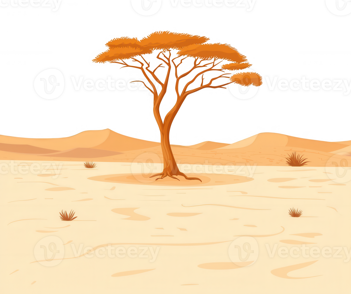 A solitary tree stands resilient in a vast desert landscape, showcasing the beauty of nature amidst harsh conditions. The warm colors evoke a sense of tranquility and endurance. png