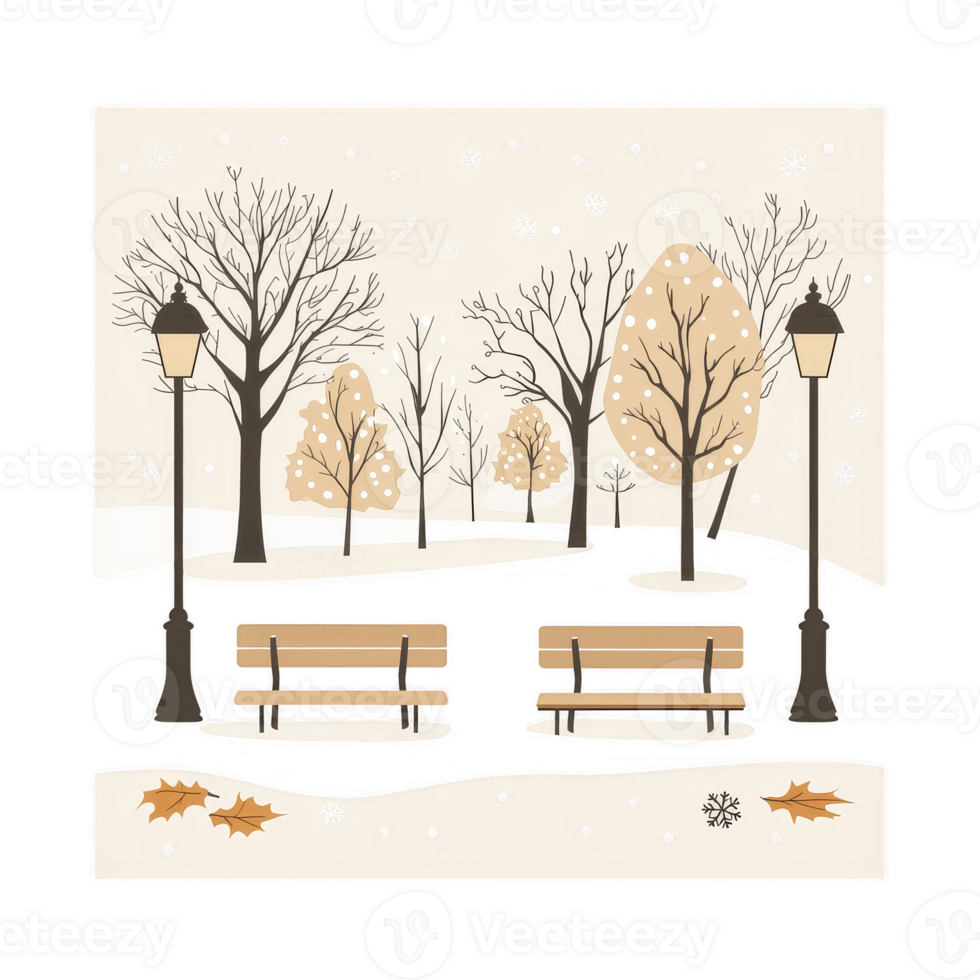 A serene winter park scene with bare trees, snow-covered benches, and vintage lamps, showcasing a peaceful atmosphere perfect for winter-themed designs. png