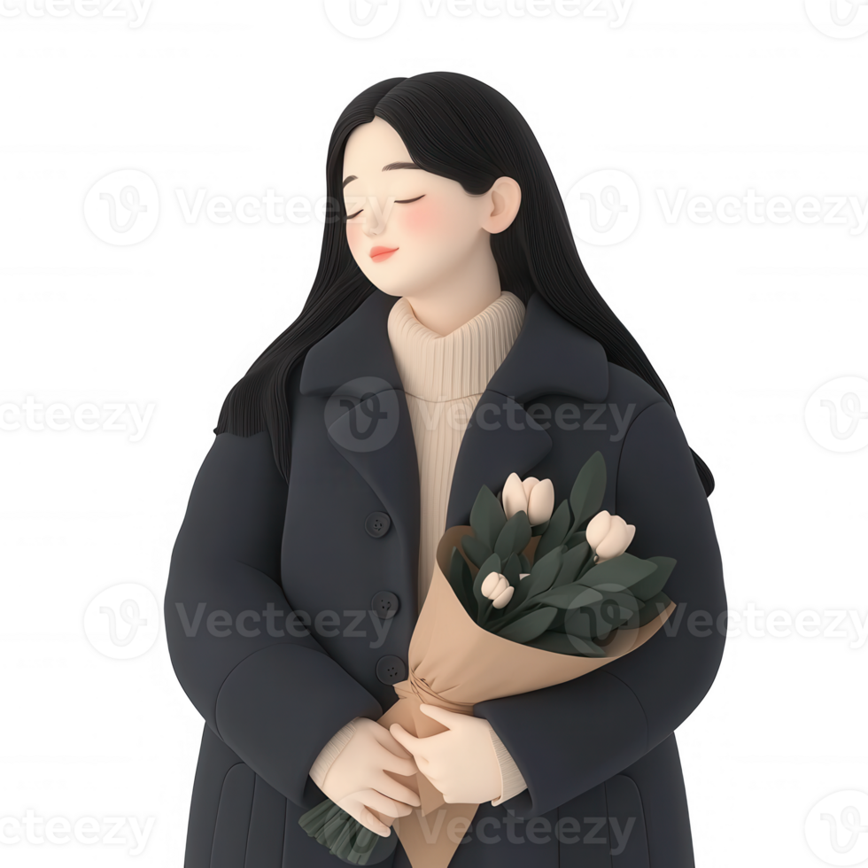 A serene woman in a black coat holding a bouquet of tulips, exuding warmth and tranquility against a white isolated background. png