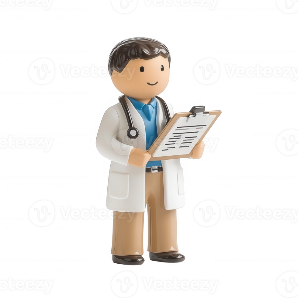 A smiling healthcare professional holding a clipboard, dressed in a white coat and stethoscope, representing medical care and professionalism against a white isolated background. png