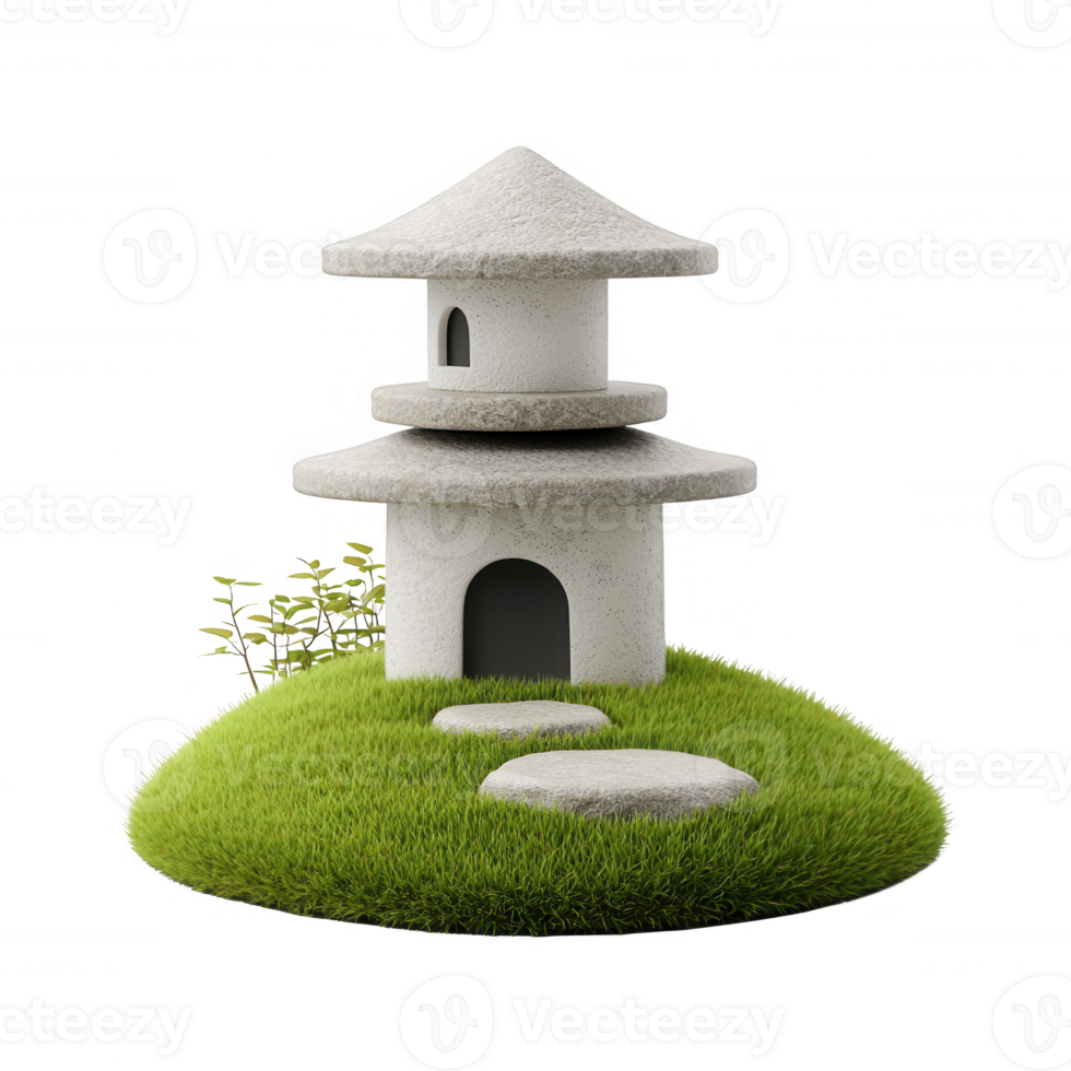 A serene stone pagoda standing on a grassy mound, symbolizing tranquility and harmony in design. Perfect for a peaceful landscape or architectural theme. png