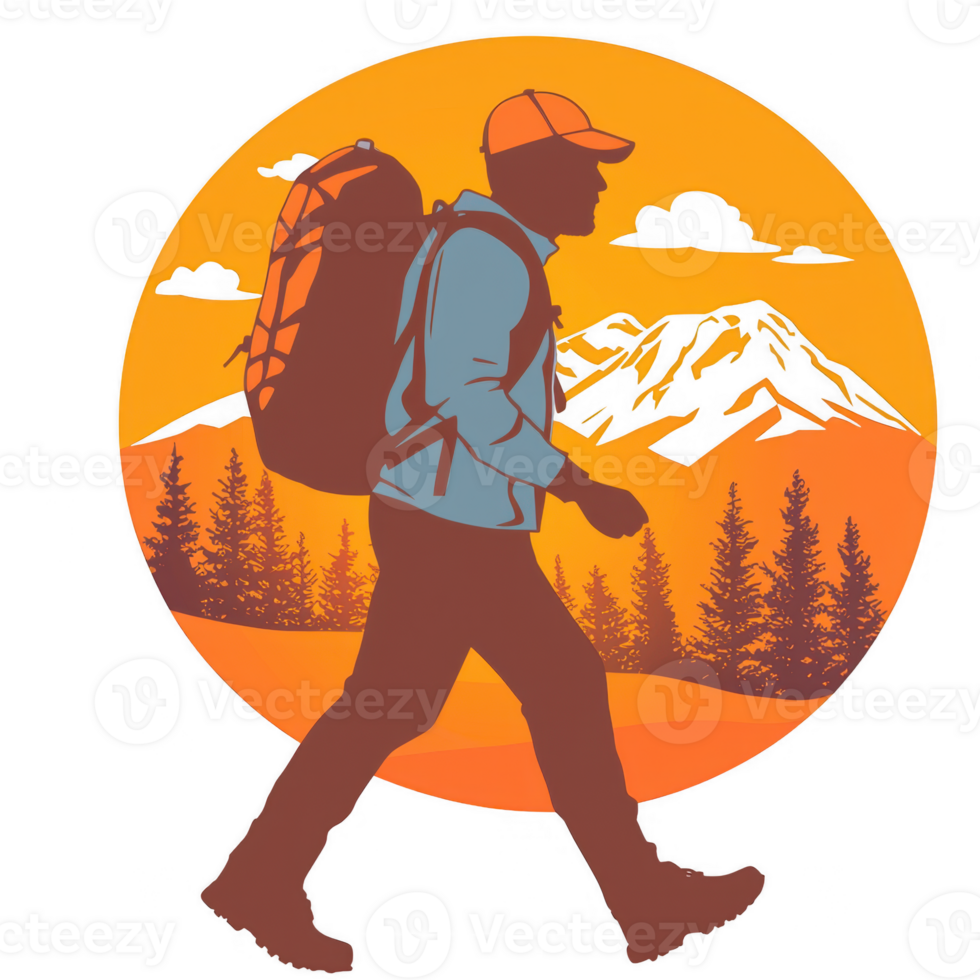 A silhouette of a man hiking with a backpack against a sunset background featuring mountains and pine trees, symbolizing adventure and exploration in the great outdoors. png