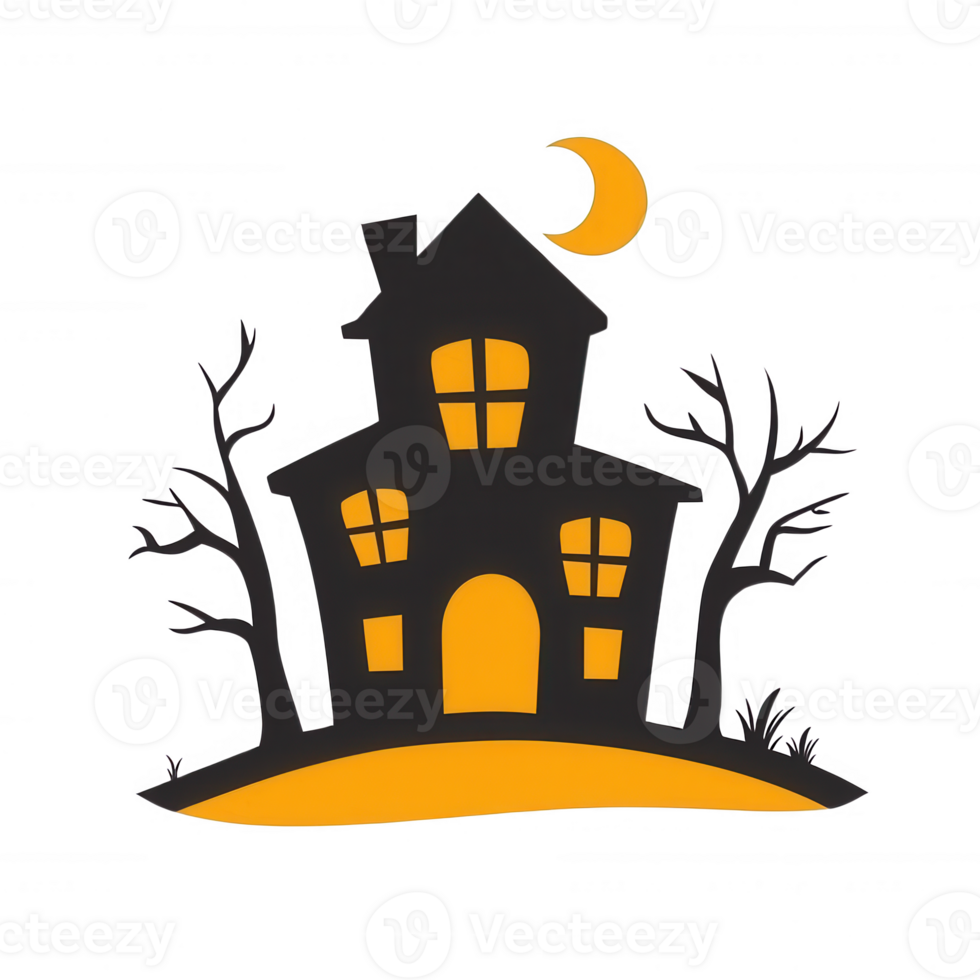 A spooky, die-cut illustration of a haunted house under a crescent moon, surrounded by bare trees, perfect for Halloween and themed decorations. png