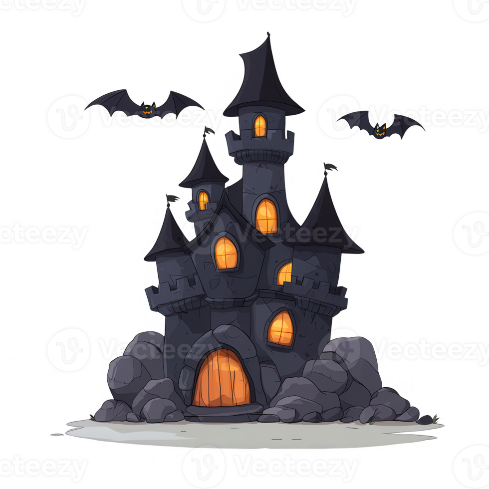 A spooky cartoon castle with bats flying around, set against a white isolated background png