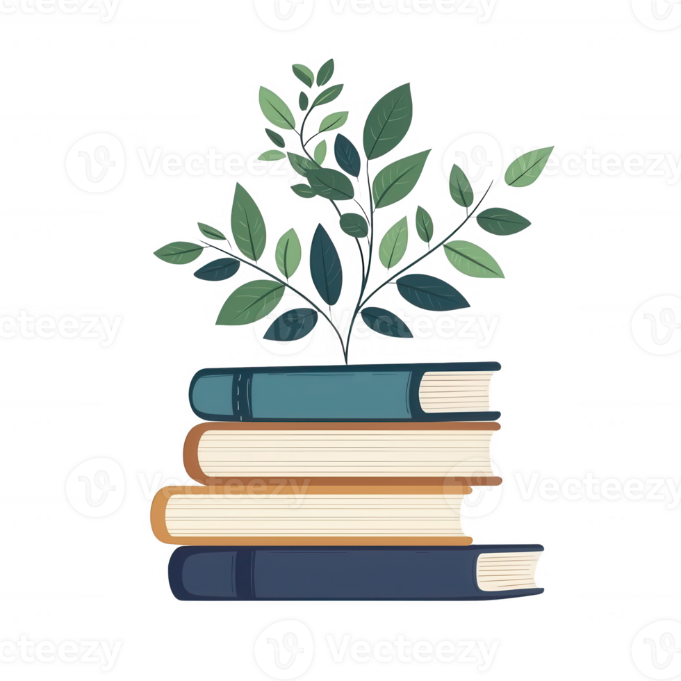 A stack of colorful books with a sprouting green plant on top, symbolizing growth and knowledge, isolated on a white background. png