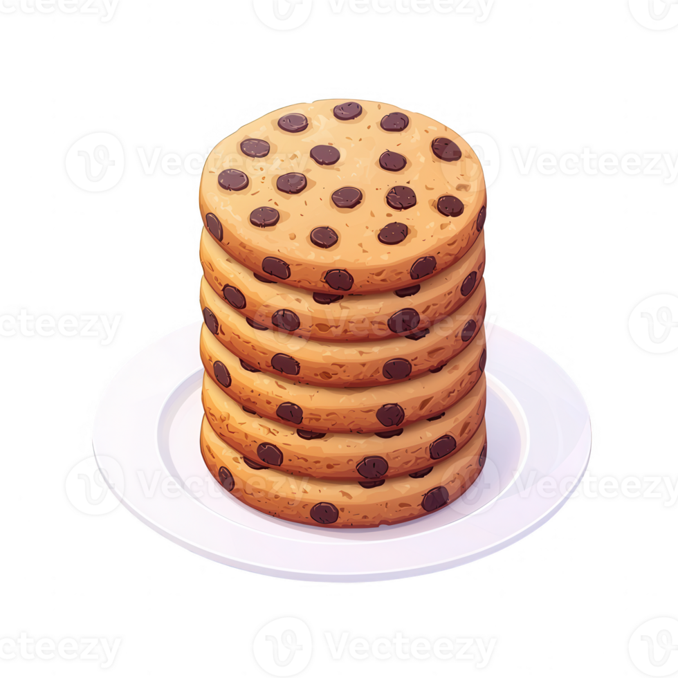 A stack of delicious chocolate chip cookies displayed on a white plate, perfect for dessert or snack ideas, showcasing a mouthwatering texture and inviting appearance. png