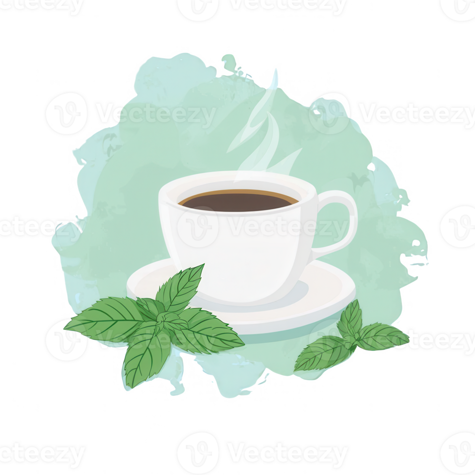 A steaming cup of coffee on a saucer, surrounded by fresh mint leaves. This inviting image captures the essence of warmth and refreshment. png