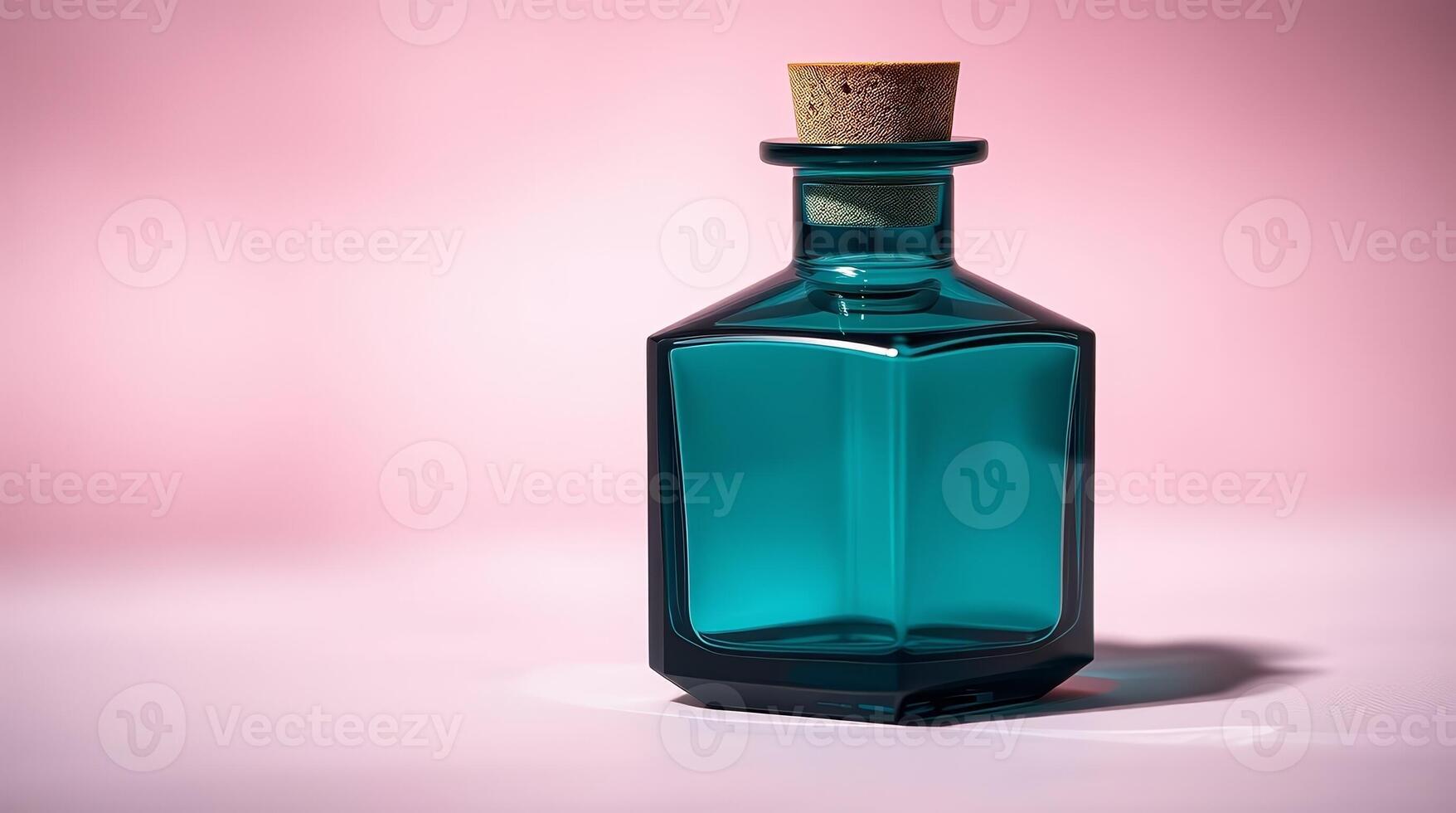 A blue glass bottle with a cork on top photo
