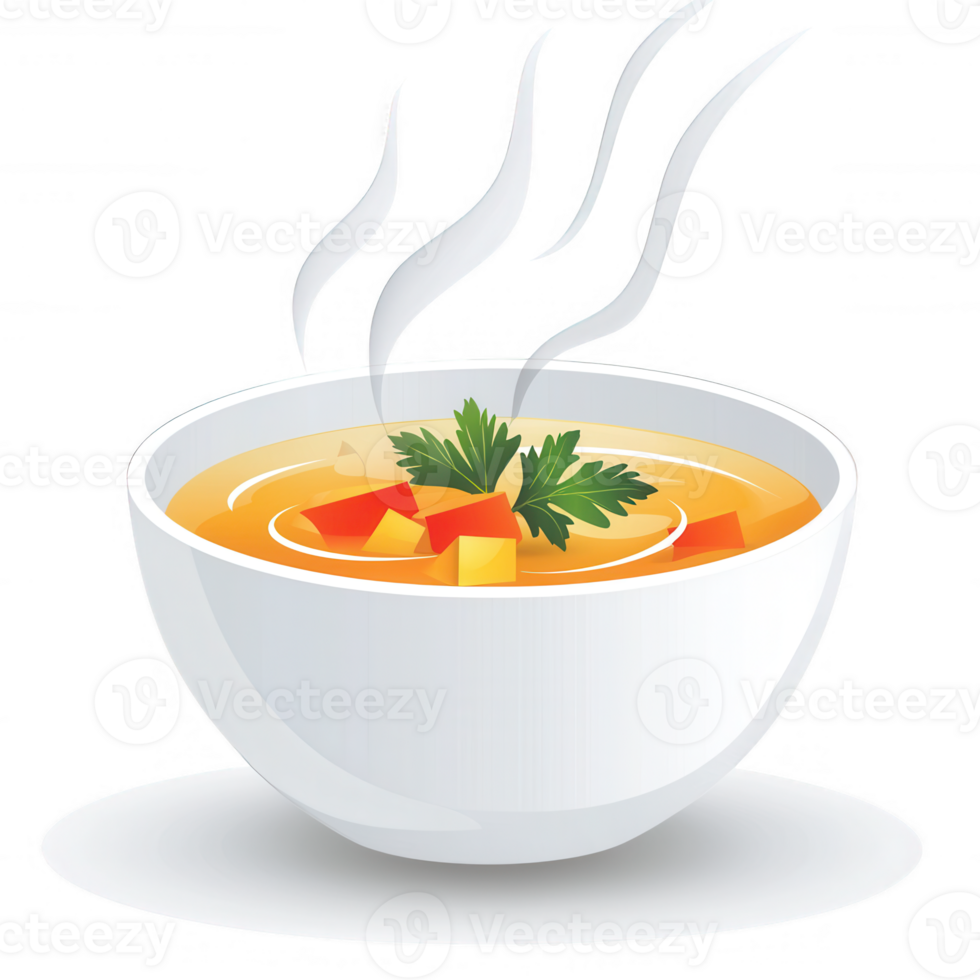 A steaming bowl of vibrant vegetable soup adorned with fresh herbs, captured against a white isolate background, making it perfect for culinary-themed projects. png