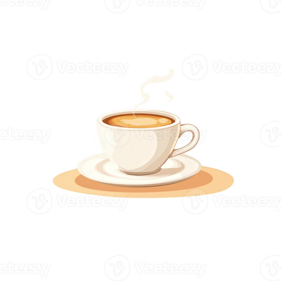 A steaming cup of coffee placed on a saucer, isolated on a white background. Perfect for illustrating warmth and comfort associated with a coffee break. png