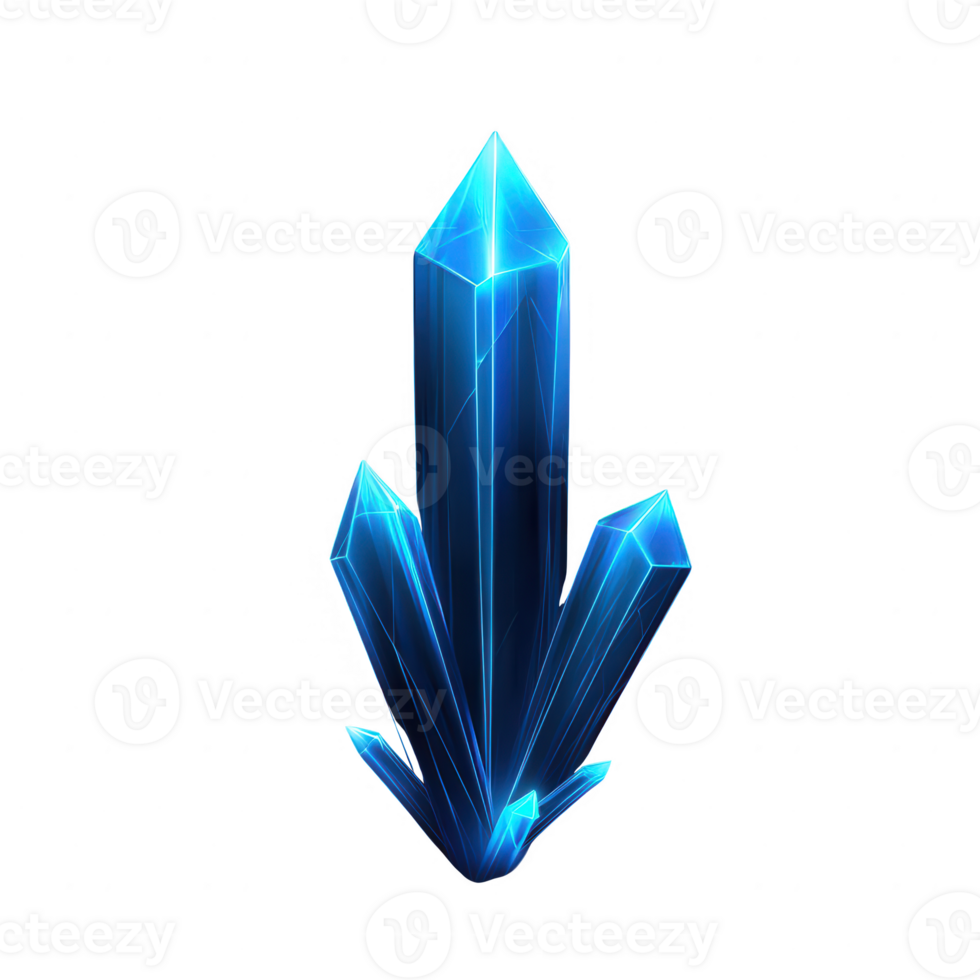A stunning blue crystal formation with sharp edges and a translucent appearance, set against a white isolated background for a captivating visual effect. png