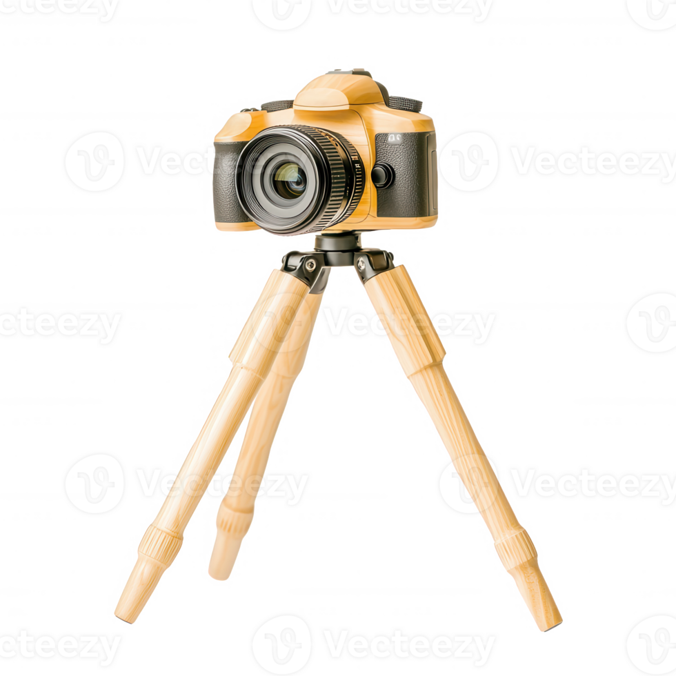 A stylish camera on a wooden tripod, perfect for photography enthusiasts. Features a sleek design with a classic look, showcasing the beauty of capturing moments. png