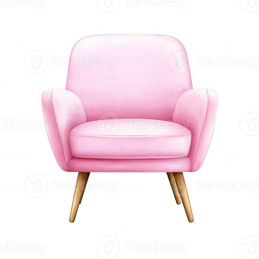 A stylish pink armchair with wooden legs, perfect for modern interiors. Ideal for home decor, relaxation spaces, or as a statement piece in any room. White isolated background. png