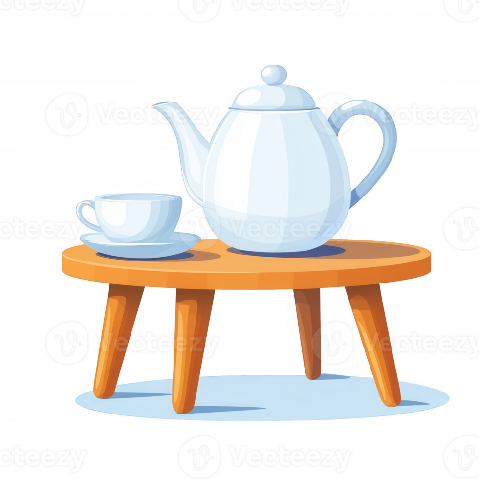 A stylish teapot with a matching cup placed on a wooden table, creating a cozy tea setting. The white teapot features elegant curves, ideal for afternoon tea moments. png