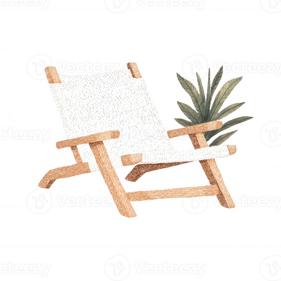 A stylish wooden deck chair paired with a tropical plant, perfect for relaxation and outdoor vibes. Ideal for a tranquil garden or beach setting, enhancing leisure ambience. png