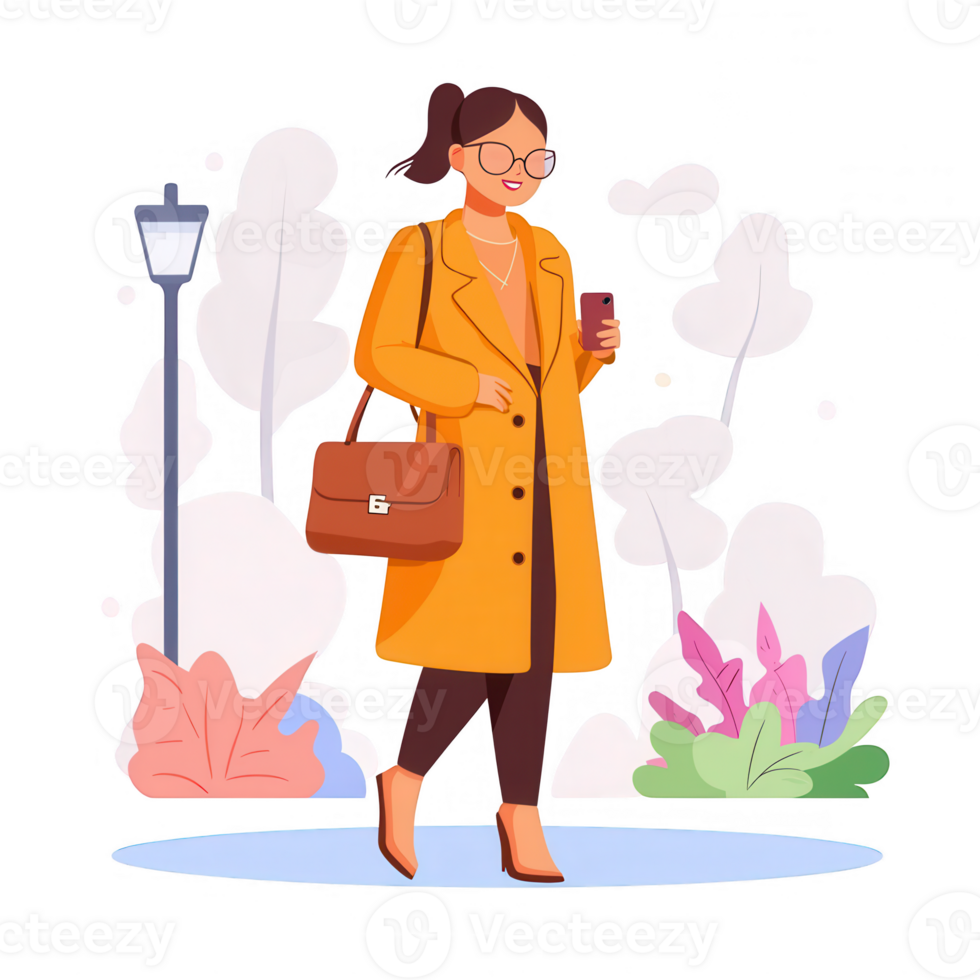 A stylish woman in a yellow coat walking in a park, holding a drink. Surrounded by colorful plants and cheerful scenery, representing a vibrant urban lifestyle. png