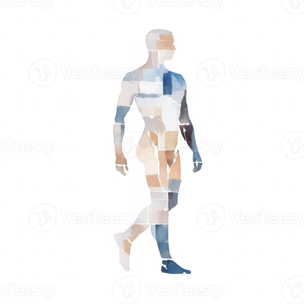 A stylized, abstract representation of a human figure in motion, showcasing movement and form against a white isolated background. png