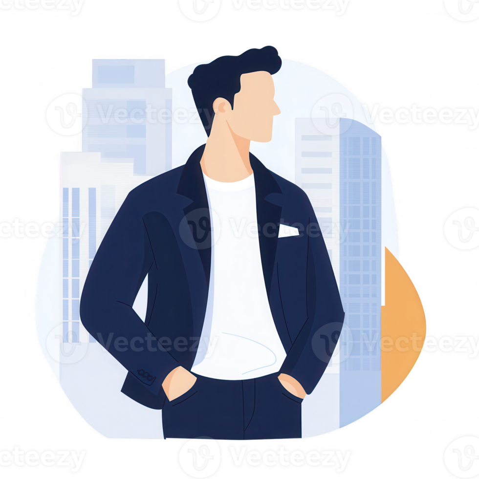 A stylish young man standing confidently against a backdrop of modern buildings, showcasing urban fashion and charisma. png