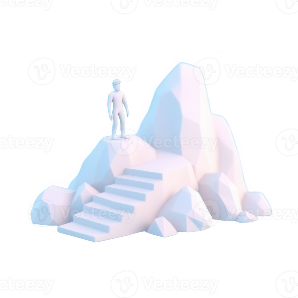 A stylized figure stands atop a rocky terrain, symbolizing achievement and aspiration against a simple white background. png