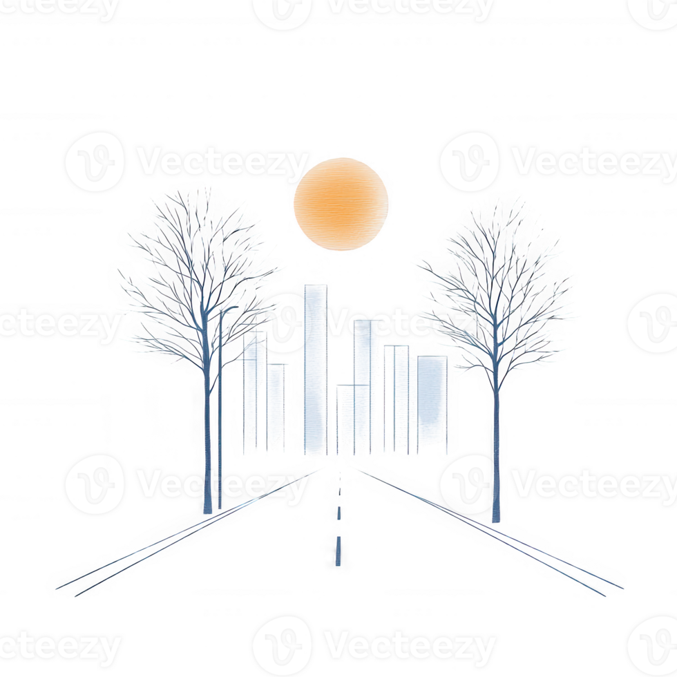 A stylized cityscape featuring tall buildings flanked by leafless trees under a sunlit sky, perfect for urban-themed projects and illustrations. png