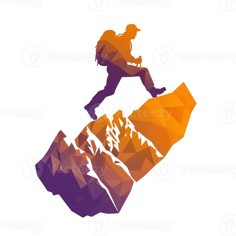 A stylized illustration of a hiker ascending a colorful mountain peak, representing adventure and exploration in nature, ideal for outdoor enthusiasts and travel promotions. png