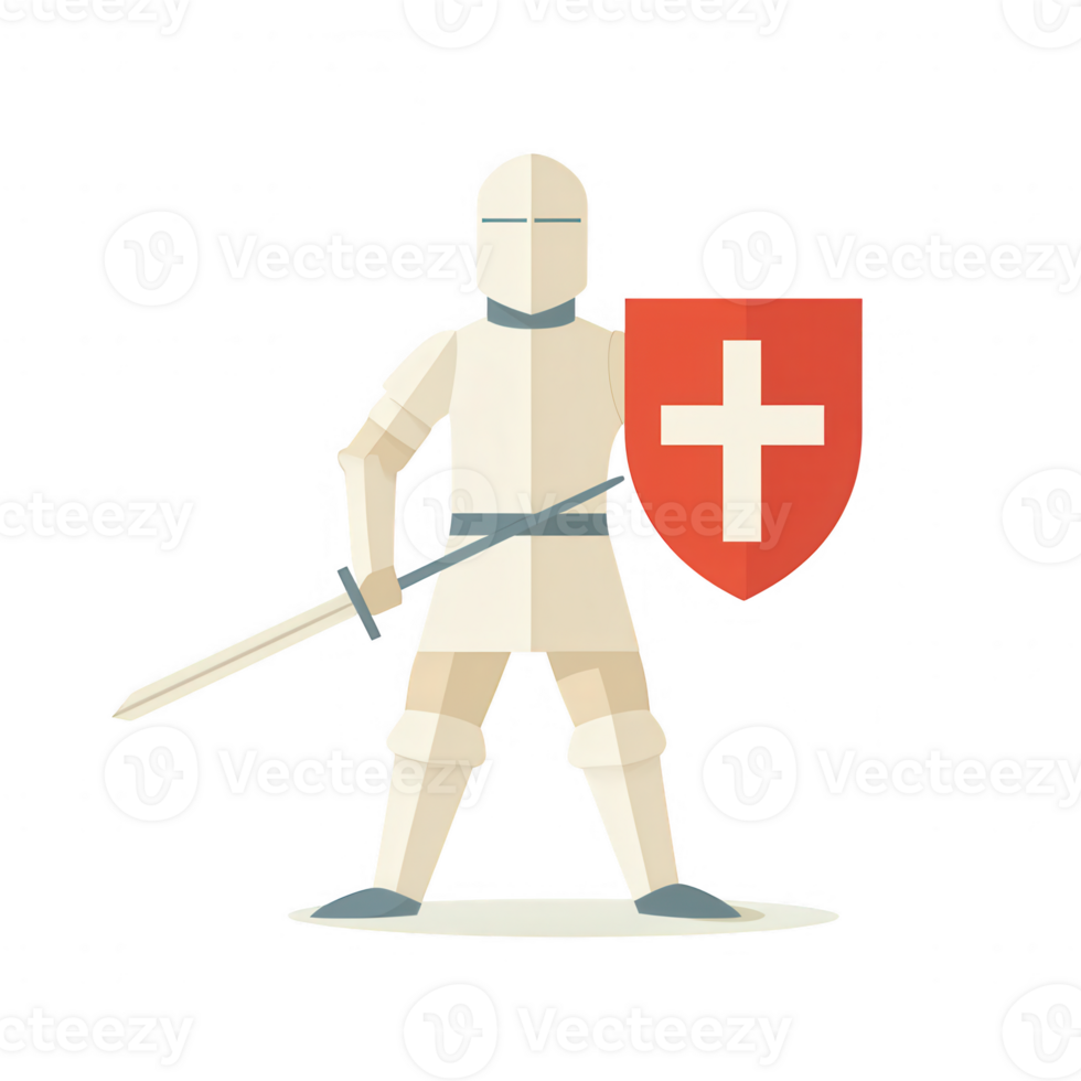 A stylized knight in armor holding a shield with a cross. The design features clean lines and a minimalist approach, perfect for themes of bravery, chivalry, and medieval history. png