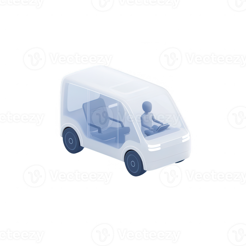 A stylized illustration of a transparent modern vehicle with a driver inside, showcasing the interior design and spacious seating arrangement. png