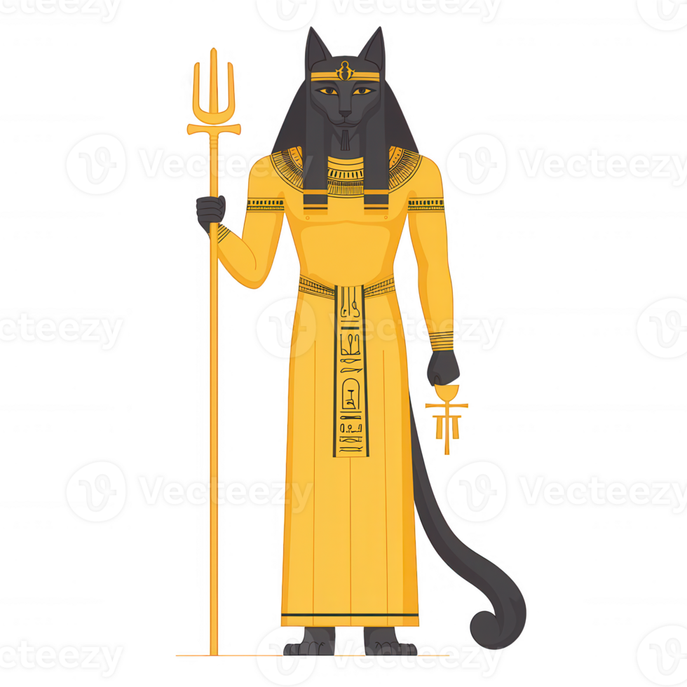A stylized illustration of a cat-like deity, dressed in regal attire with a staff, symbolizing ancient Egyptian mythology on a white isolated background. png
