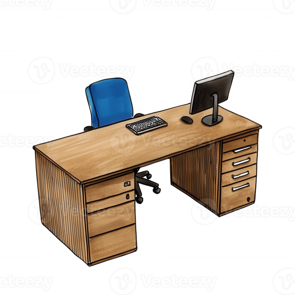 A stylish wooden office desk with a blue chair, keyboard, and monitor, perfect for a modern workspace or home office setup. png
