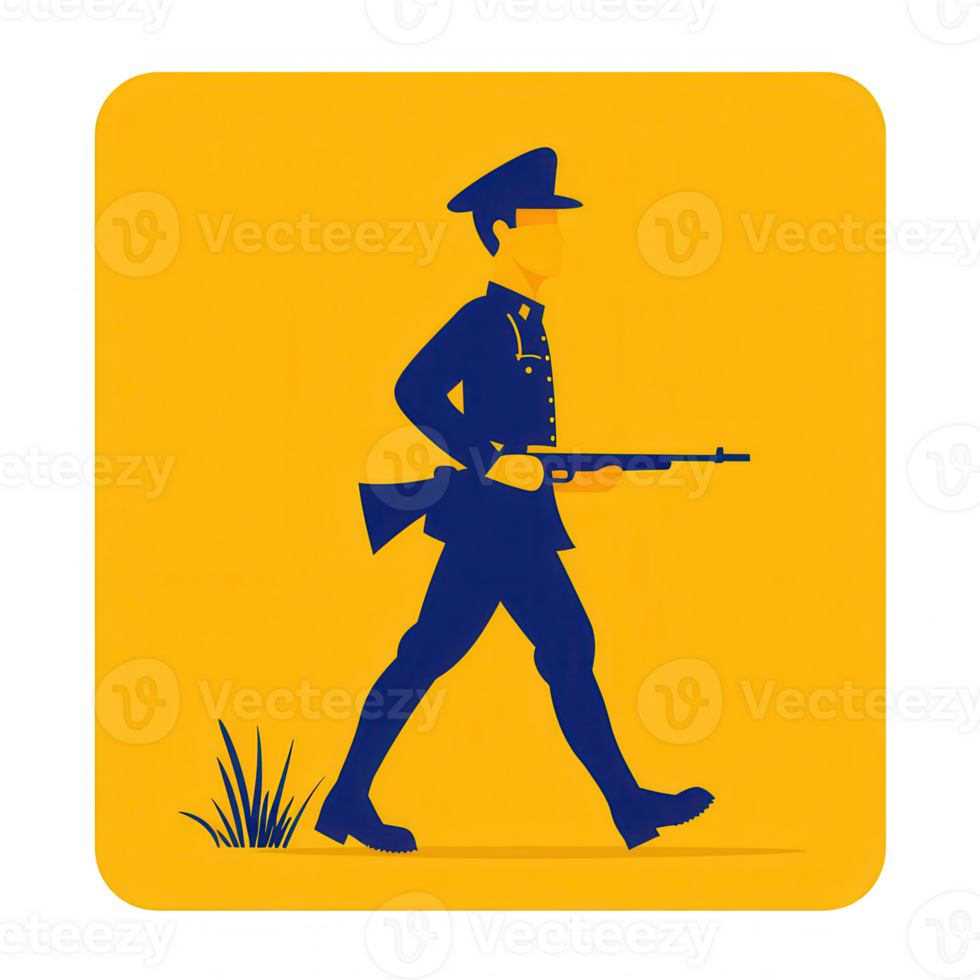 A stylized illustration of a soldier walking confidently while holding a rifle, set against a vibrant yellow background. png