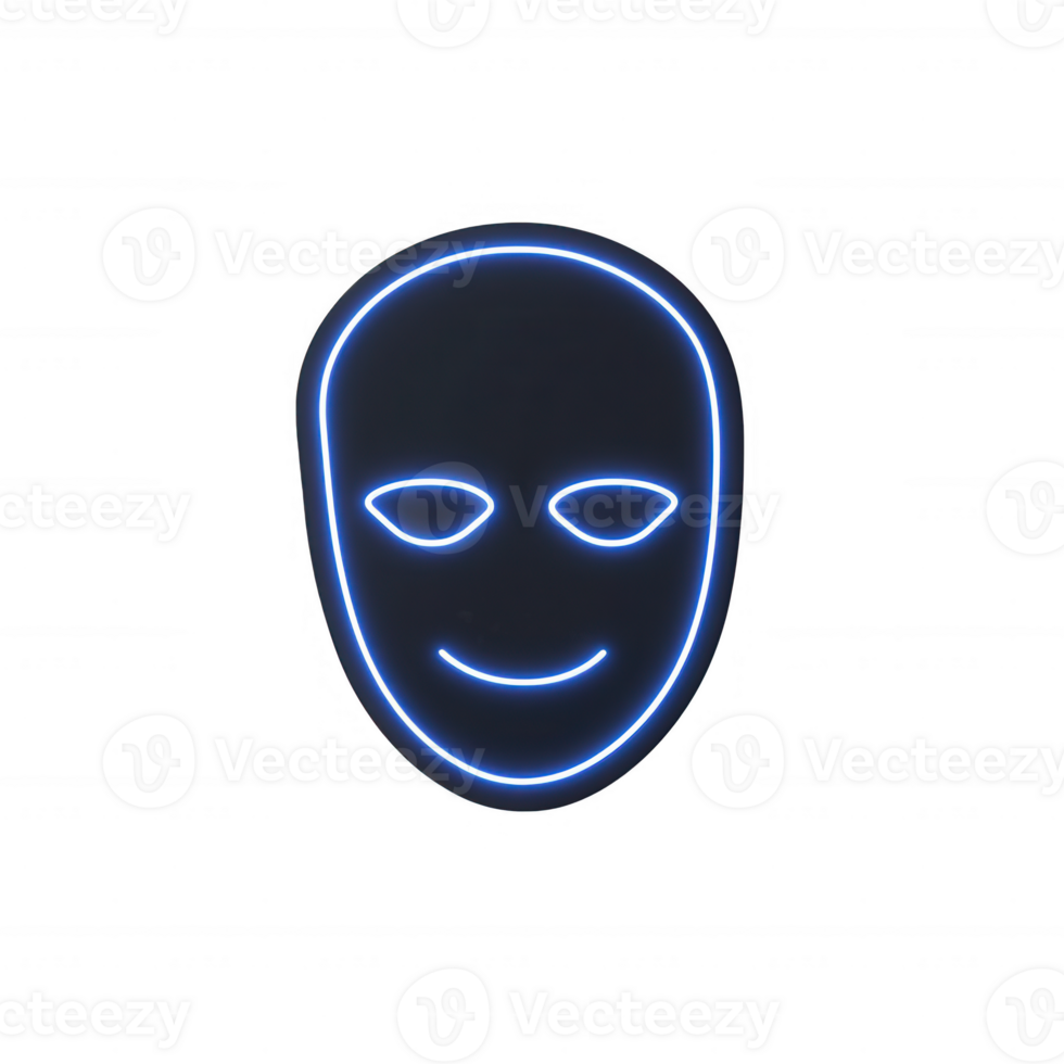 A stylized neon face illustration featuring a smiling expression, glowing with blue light, perfect for digital design and creative projects. png