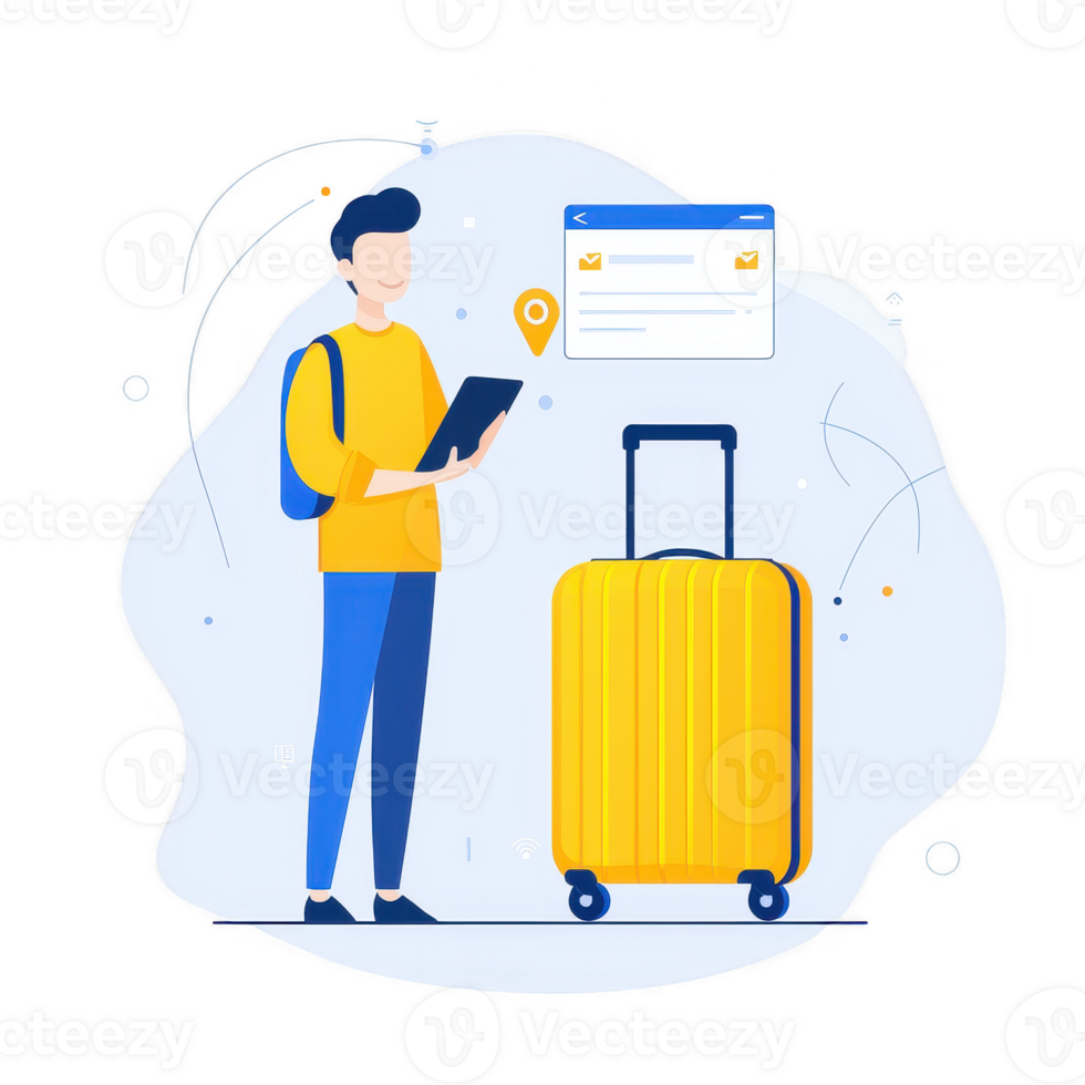 A traveler using a smartphone for navigation with a yellow suitcase beside them, preparing for an adventurous journey, symbolizing modern travel convenience. png