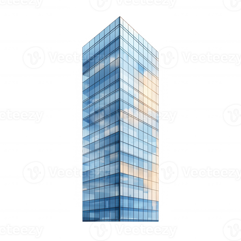 A tall glass building showcasing modern architecture with reflective windows against a white isolated background. png