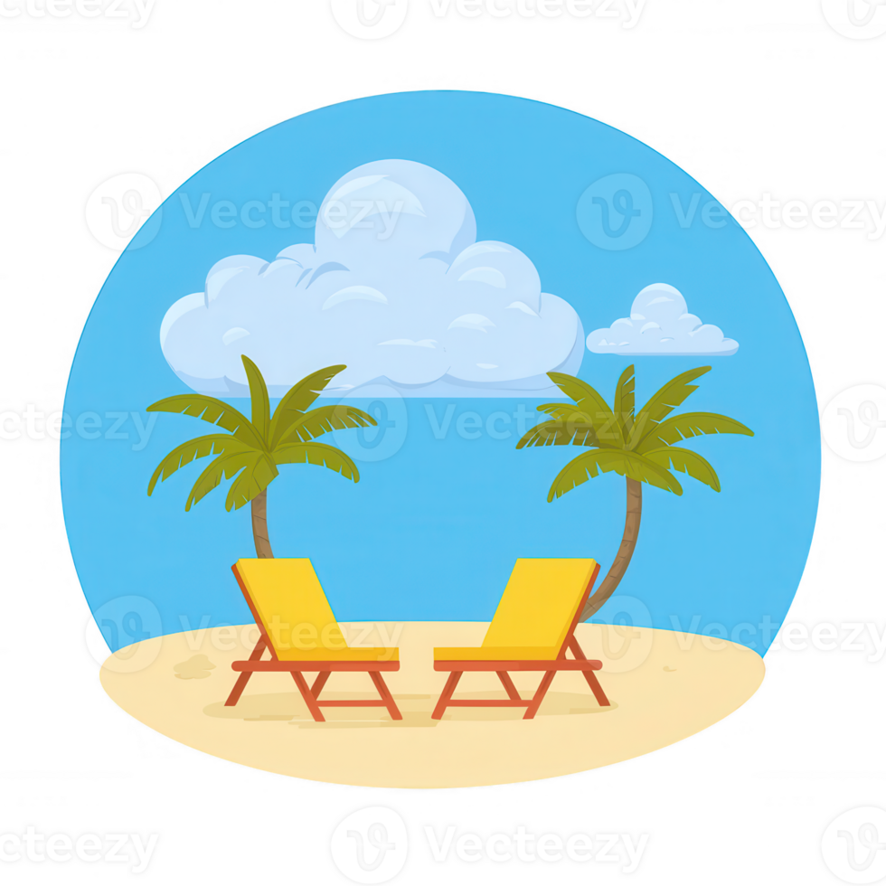 A tranquil beach scene featuring two yellow lounge chairs under palm trees, set against a clear blue sky with fluffy clouds, perfect for relaxation and vacation vibes. png