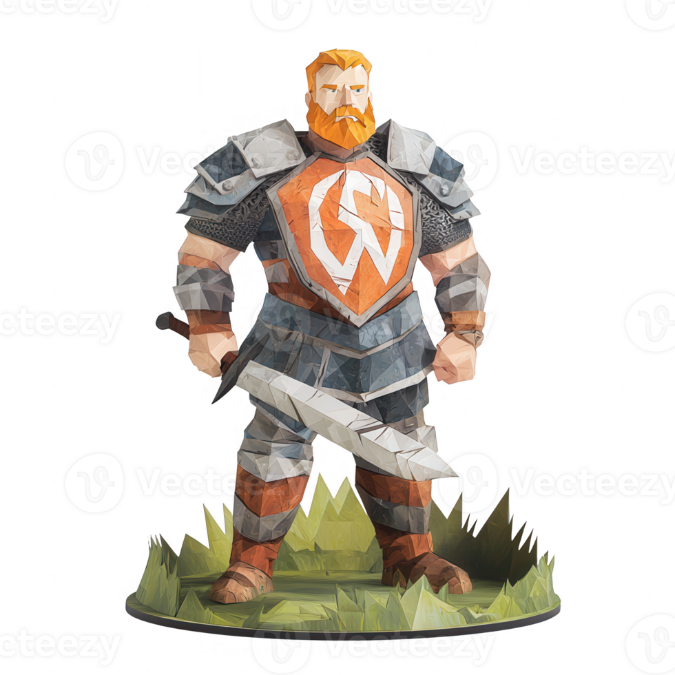 A stylized warrior character in armor holds a sword, designed in a geometric style, standing on a patch of grass with a vibrant background. png