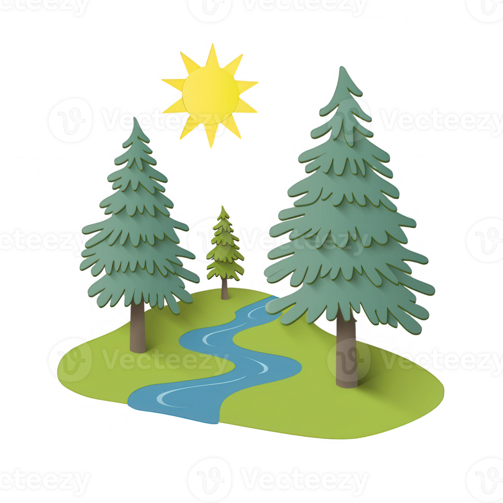 A vibrant, cartoon-style illustration of a sunny landscape featuring tall trees, a flowing river, and a bright sun shining in a clear blue sky. png