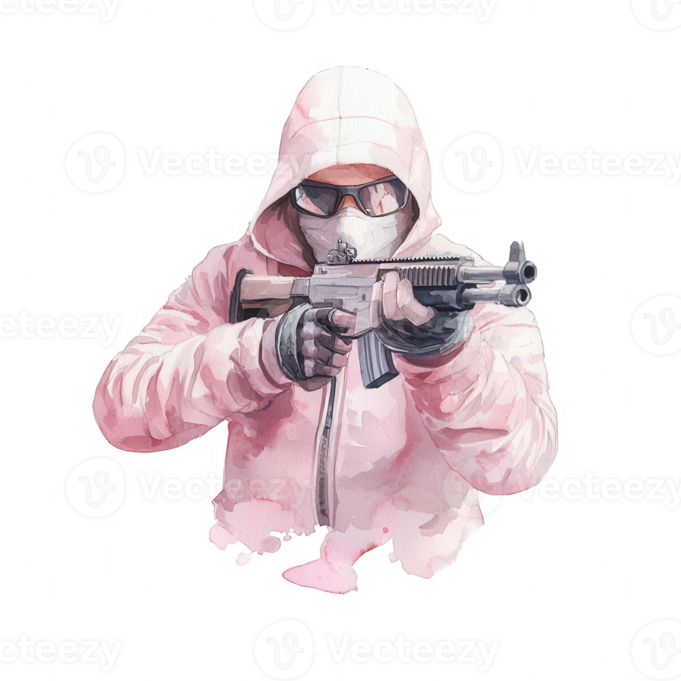 A tactical figure dressed in a pink hoodie and mask, aiming a firearm, showcasing a sense of strategic intent and focus against a white isolated background. png