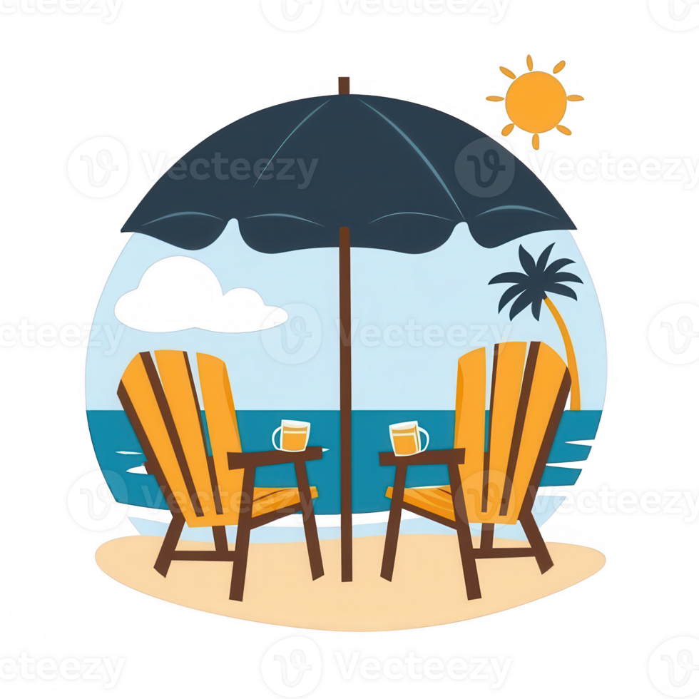 A tranquil beach scene featuring two yellow chairs under an umbrella, with palm trees and a sunny sky, perfect for relaxation and vacation vibes. png